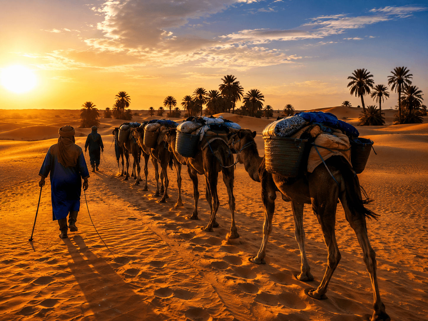 Camel caravan trekking through the Sahara Desert in Morocco at sunset